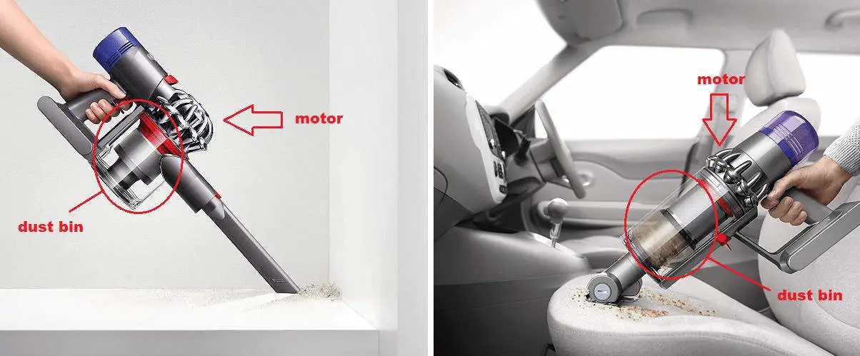 Dyson v6, v7, v8 series dust bin design (left) versus Dyson v10 and v11 series redesign (right)